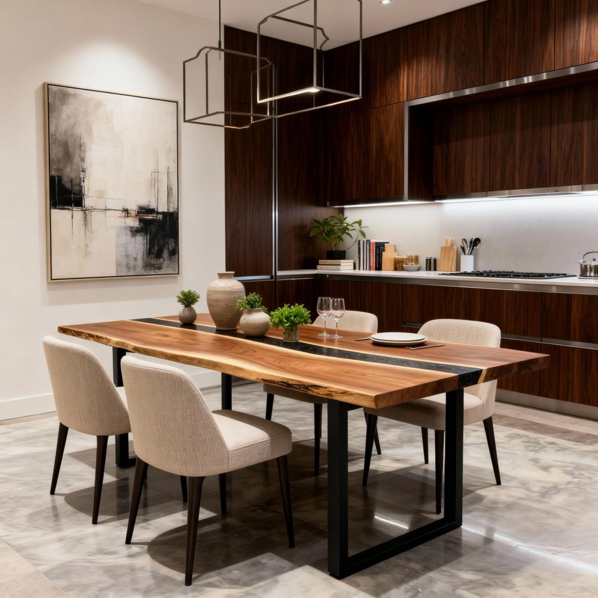 Table rivière sur mesure en résine époxy et noyer, Black Pearl ZQF-529