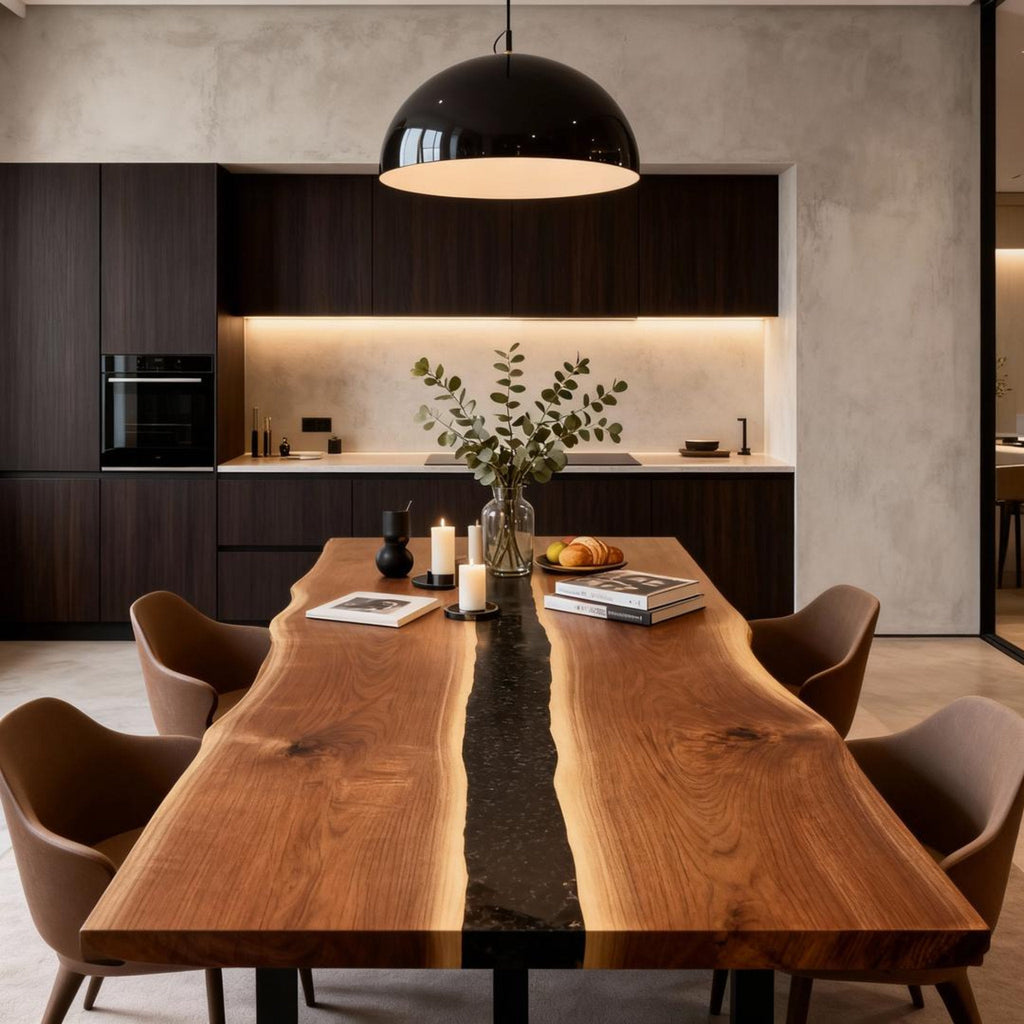 Table rivière sur mesure en résine époxy et noyer, Black Pearl ZQF-529