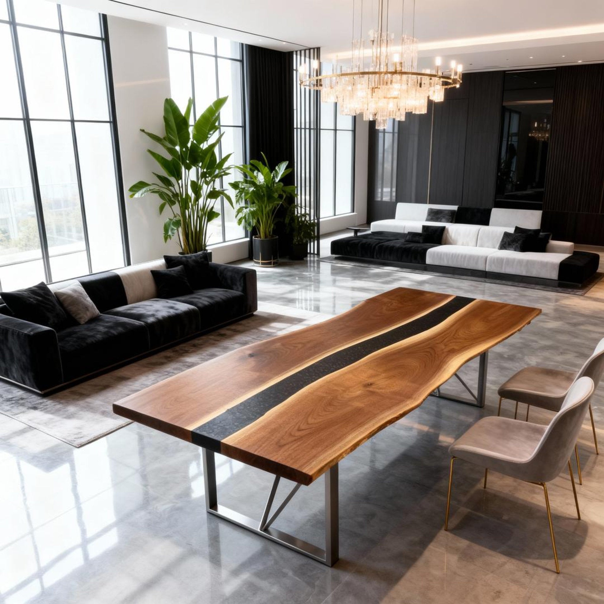 Table rivière sur mesure en résine époxy et noyer, Black Pearl ZQF-529