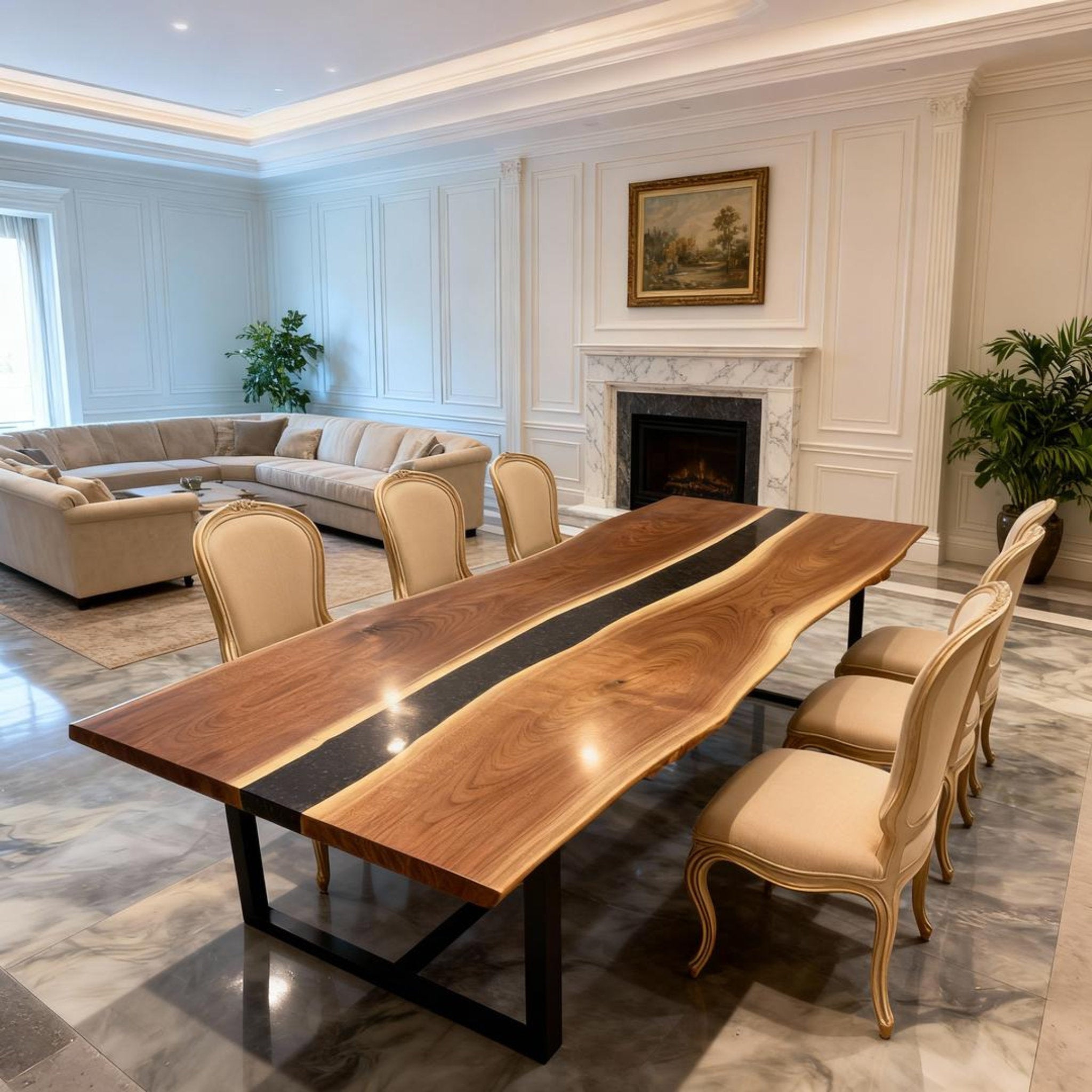 Table rivière sur mesure en résine époxy et noyer, Black Pearl ZQF-529