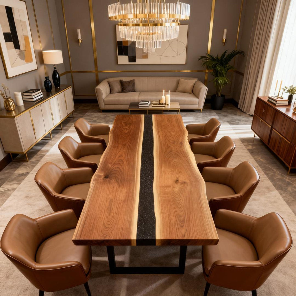 Table rivière sur mesure en résine époxy et noyer, Black Pearl ZQF-529