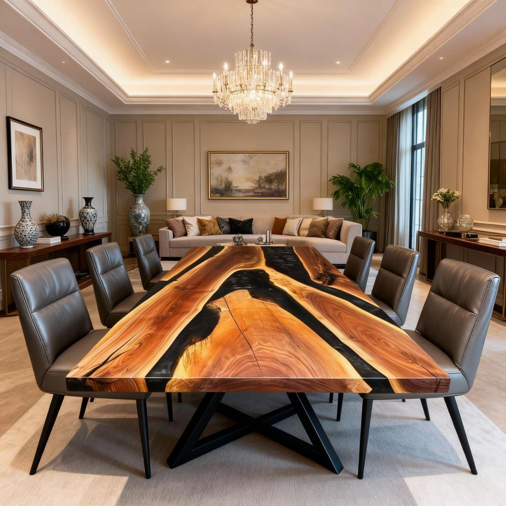 Table rivière sur mesure en résine époxy et noyer, Black Pearl ZQF-847