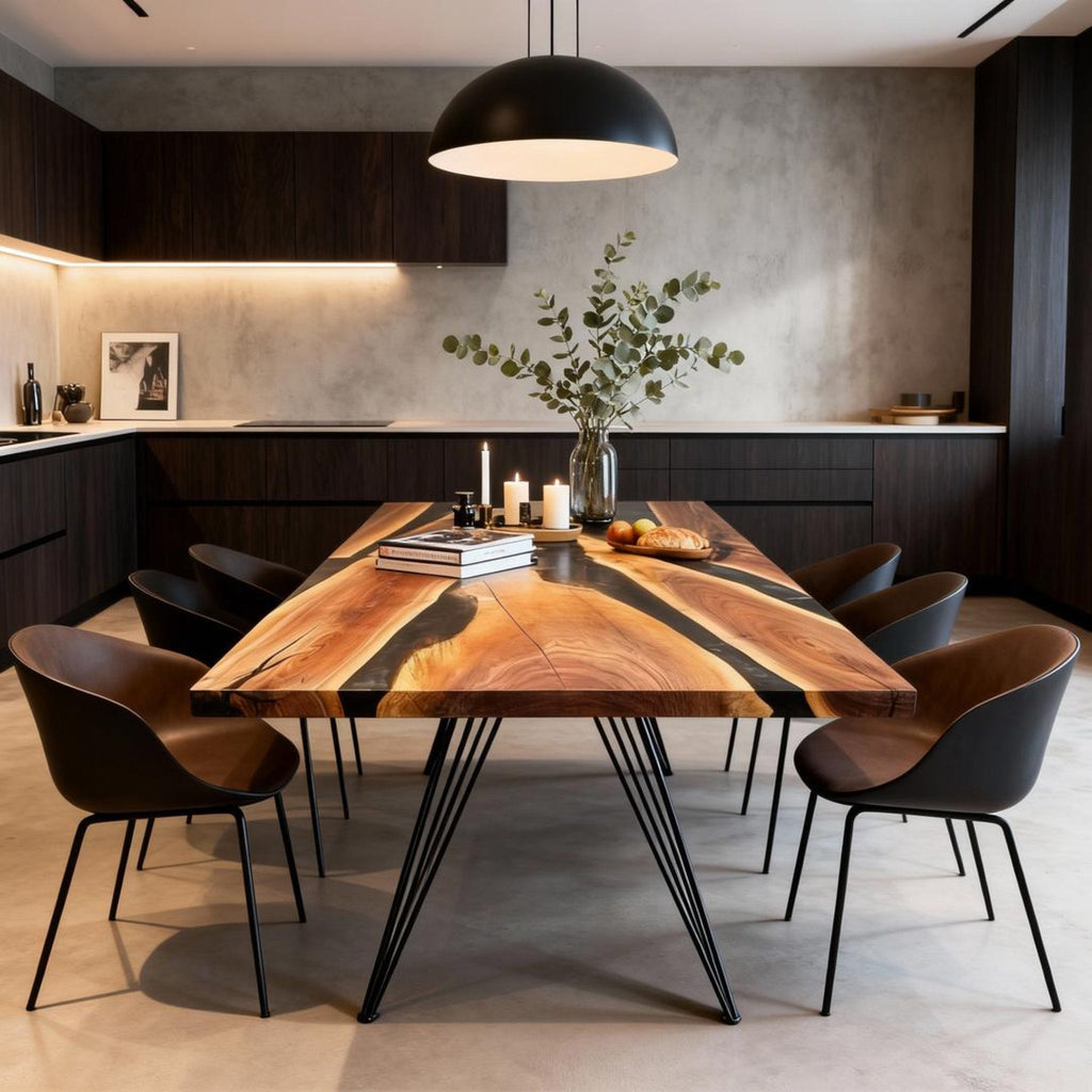 Table rivière sur mesure en résine époxy et noyer, Black Pearl ZQF-847