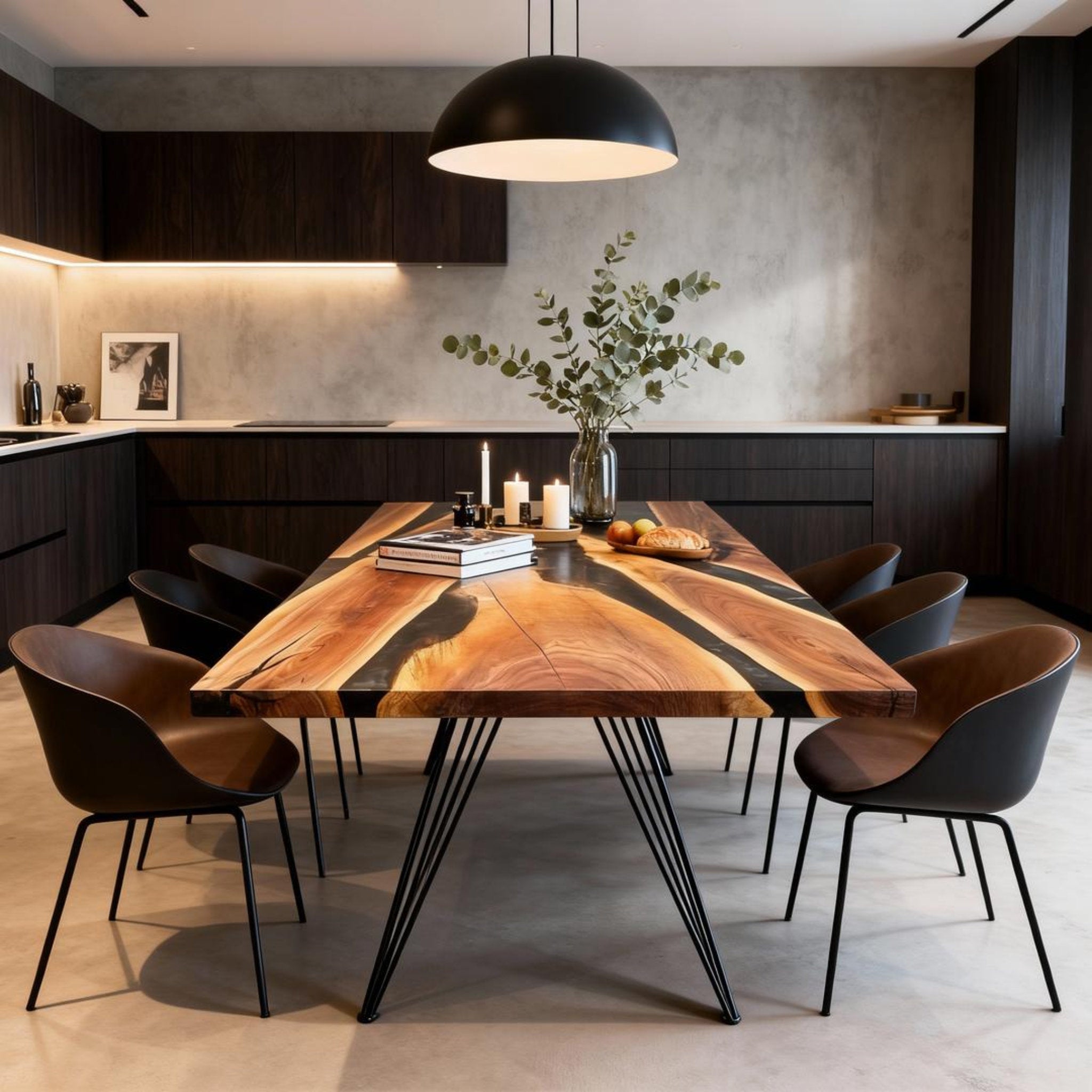 Table rivière sur mesure en résine époxy et noyer, Black Pearl ZQF-847