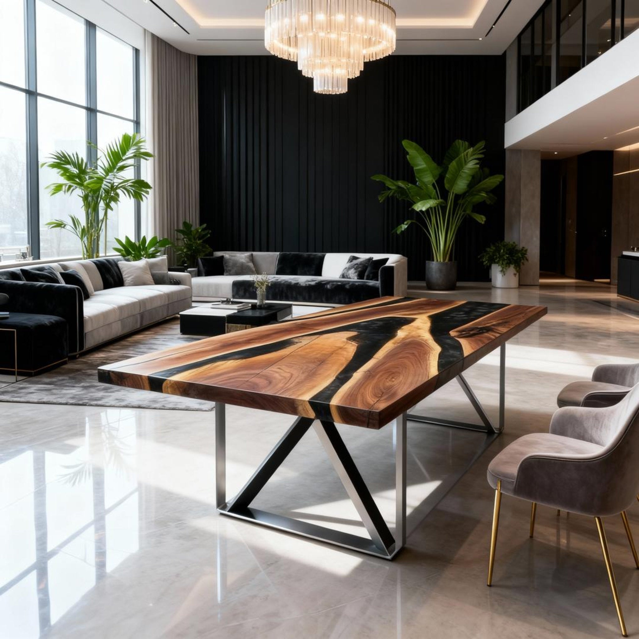 Table rivière sur mesure en résine époxy et noyer, Black Pearl ZQF-847