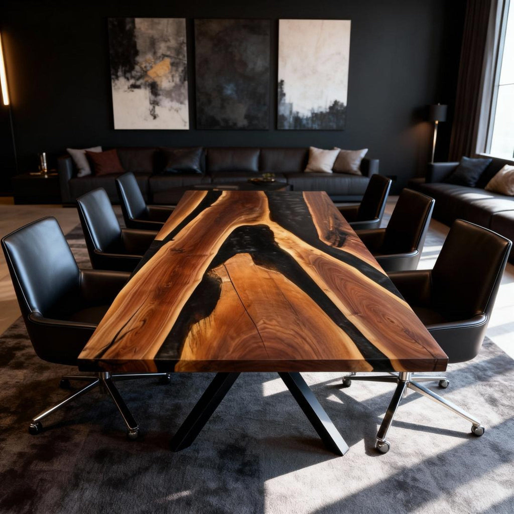 Table rivière sur mesure en résine époxy et noyer, Black Pearl ZQF-847