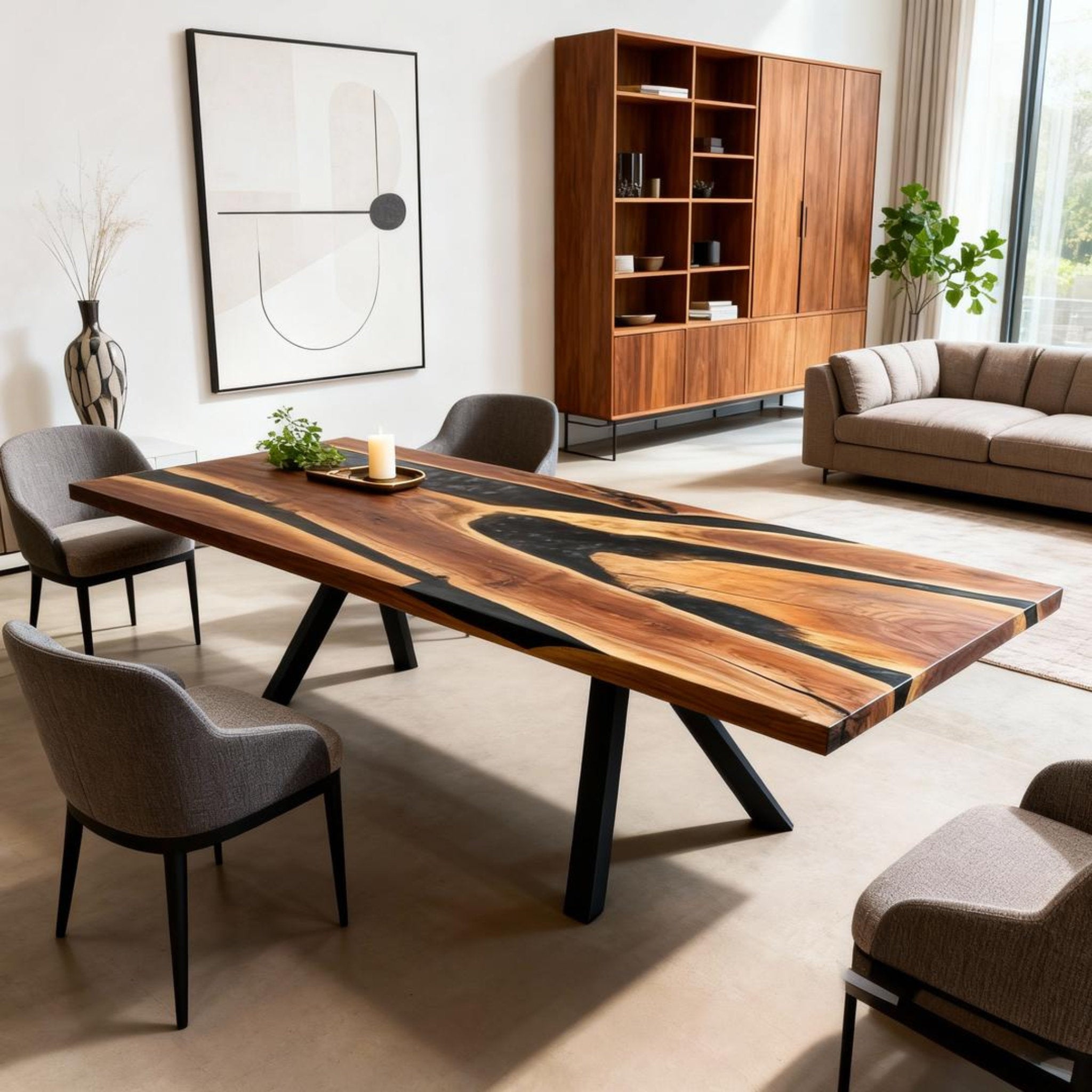 Table rivière sur mesure en résine époxy et noyer, Black Pearl ZQF-847