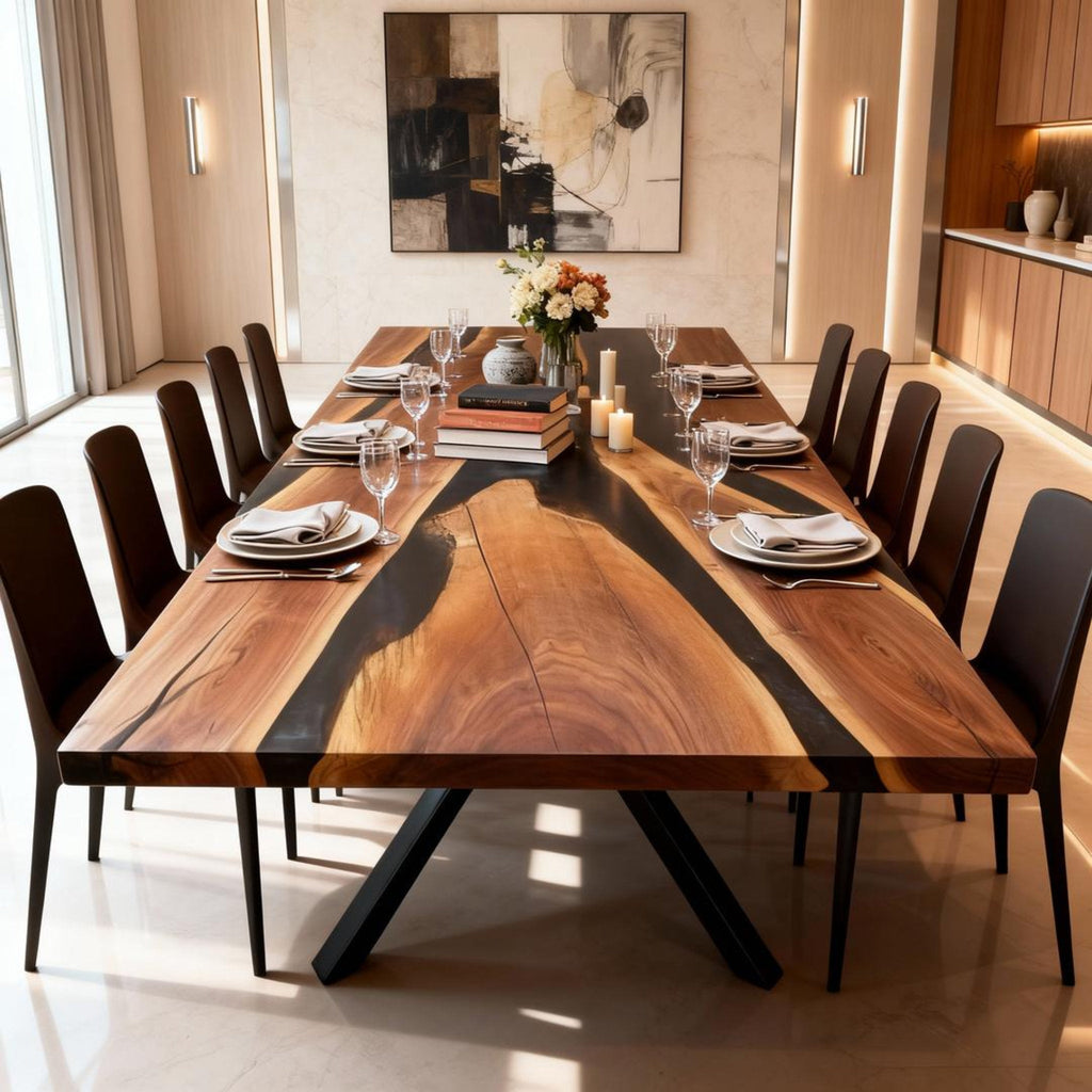 Table rivière sur mesure en résine époxy et noyer, Black Pearl ZQF-847