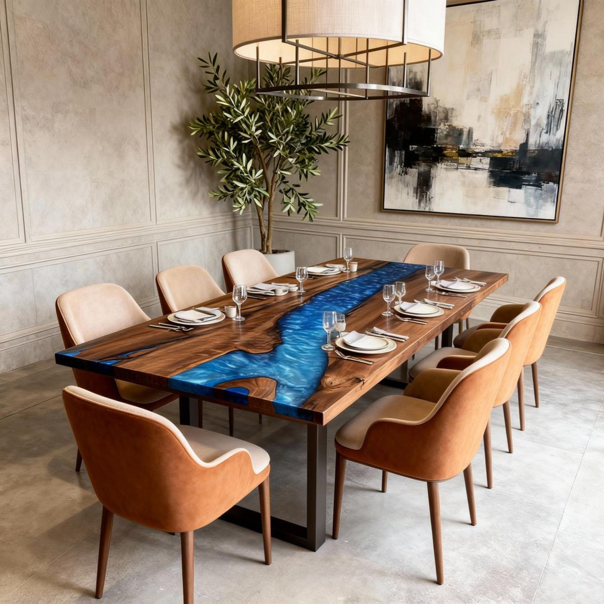 Table rivière personnalisée en résine époxy et noyer, bleu céruléen NQS-547