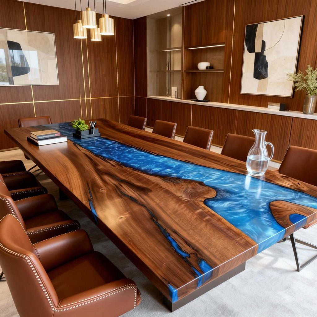 Table rivière personnalisée en résine époxy et noyer, bleu céruléen NQS-547