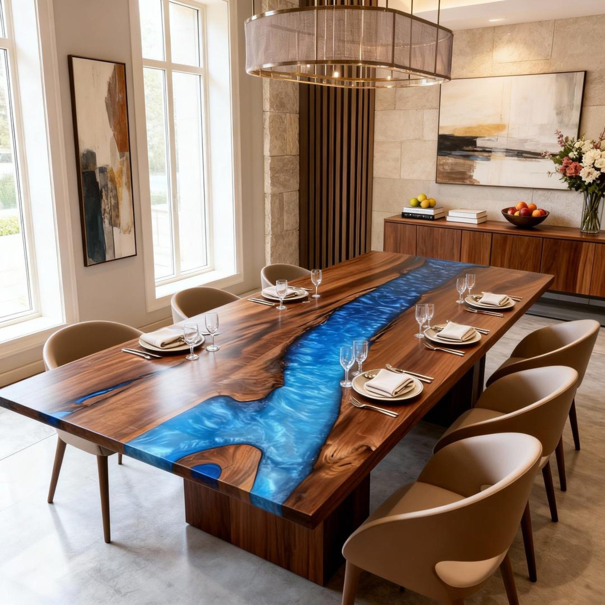 Table rivière personnalisée en résine époxy et noyer, bleu céruléen NQS-547