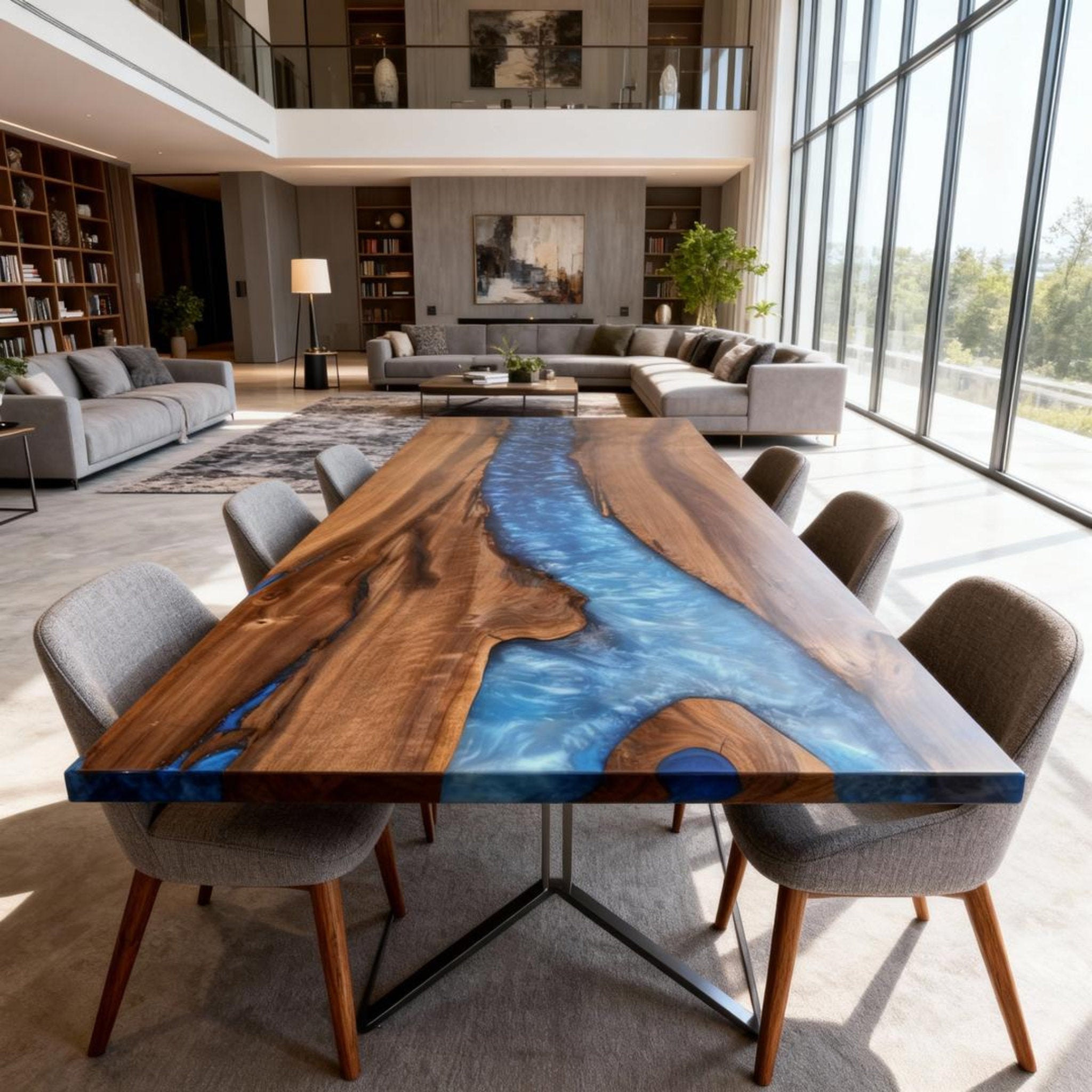 Table rivière personnalisée en résine époxy et noyer, bleu céruléen NQS-547