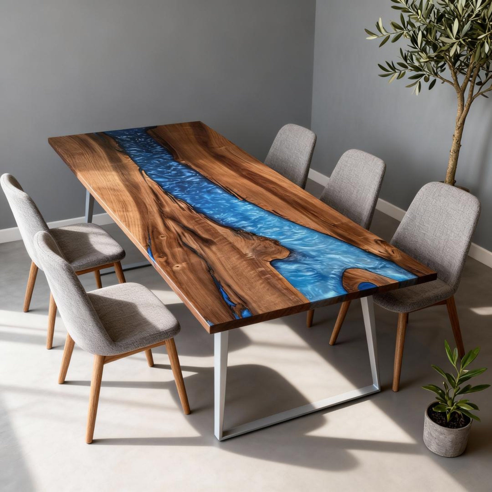 Table rivière personnalisée en résine époxy et noyer, bleu céruléen NQS-547