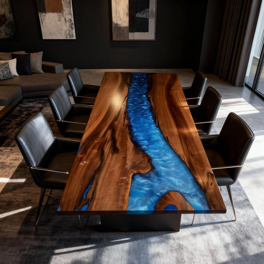 Table rivière personnalisée en résine époxy et noyer, bleu céruléen NQS-547