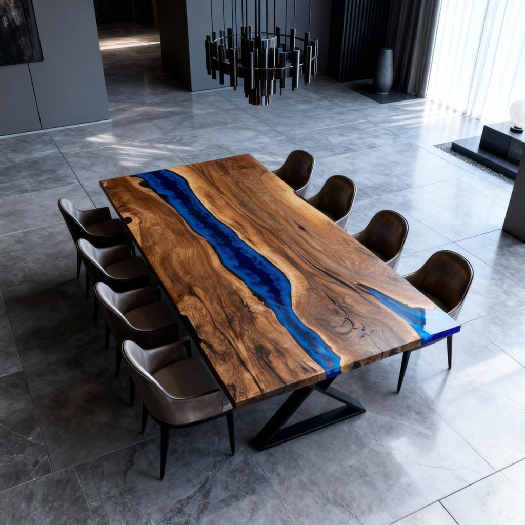 Table rivière personnalisée en résine époxy noyer, résine bleu cobalt KPX-946