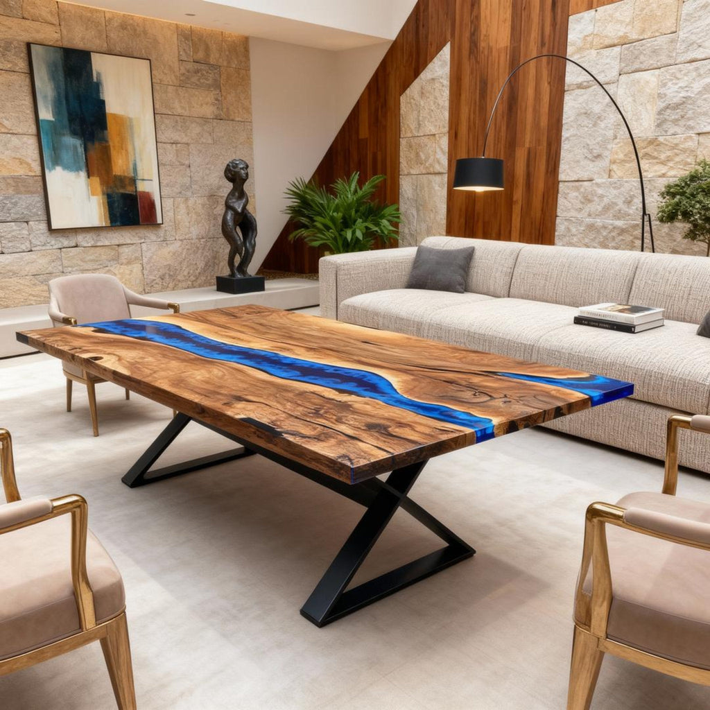 Table rivière personnalisée en résine époxy noyer, résine bleu cobalt KPX-946