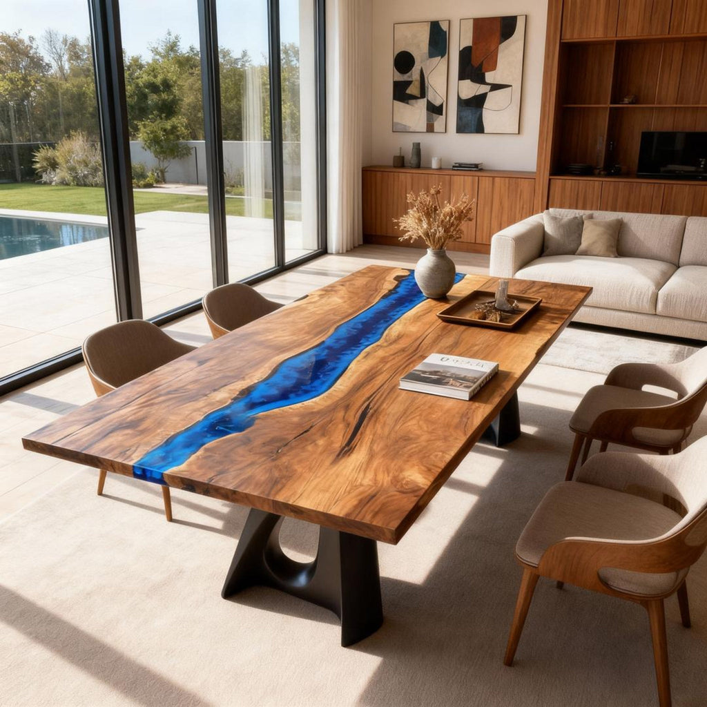Table rivière personnalisée en résine époxy noyer, résine bleu cobalt KPX-946