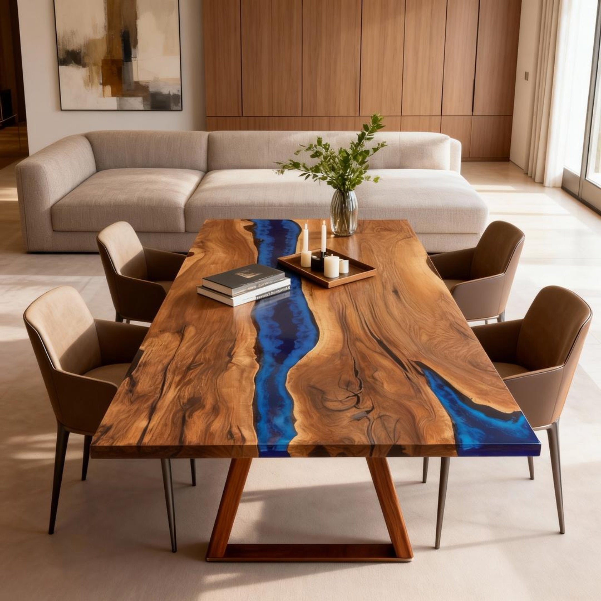 Table rivière personnalisée en résine époxy noyer, résine bleu cobalt KPX-946