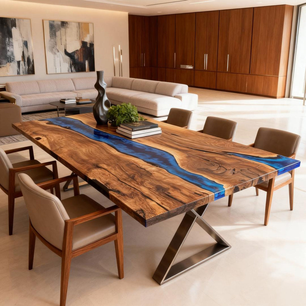 Table rivière personnalisée en résine époxy noyer, résine bleu cobalt KPX-946