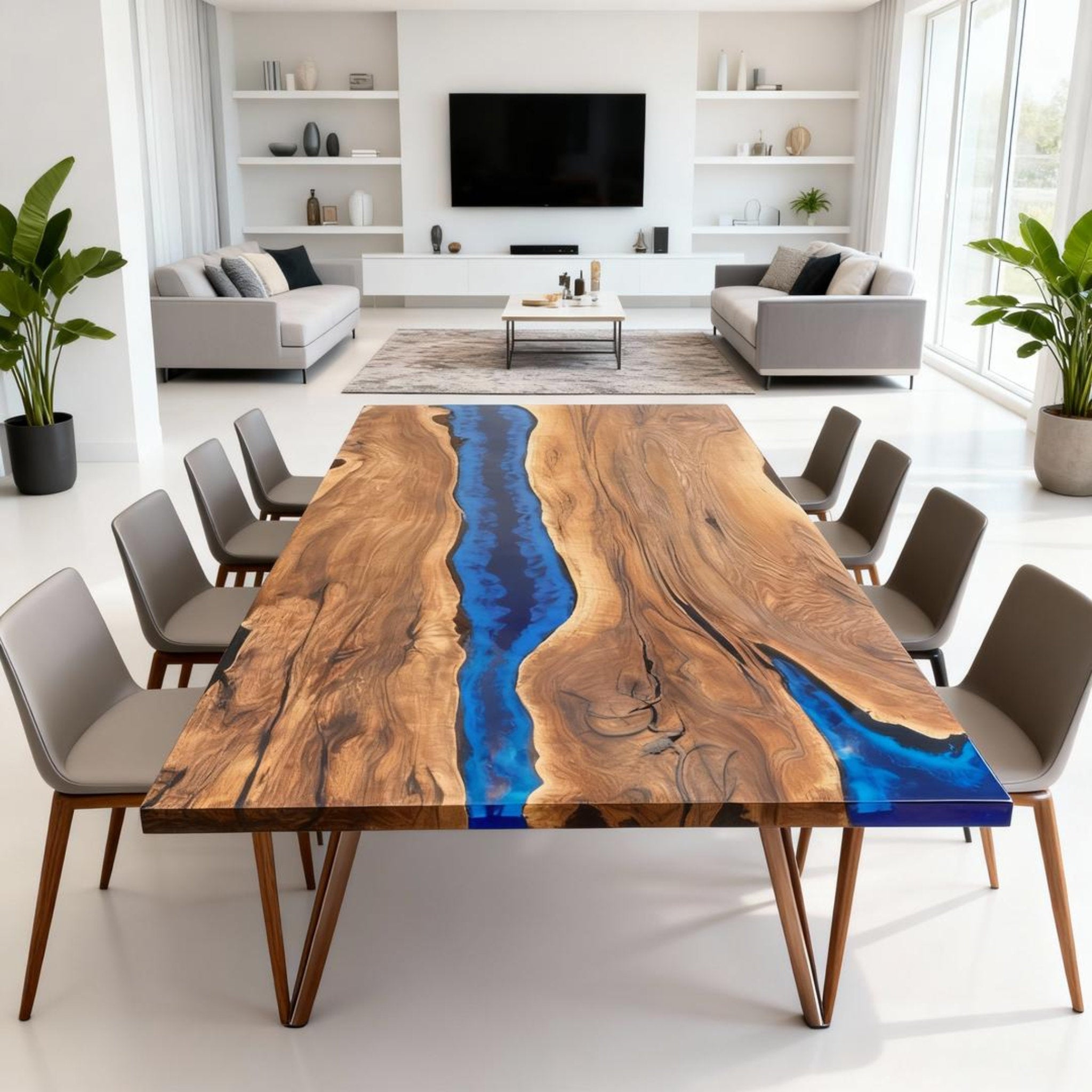 Table rivière personnalisée en résine époxy noyer, résine bleu cobalt KPX-946