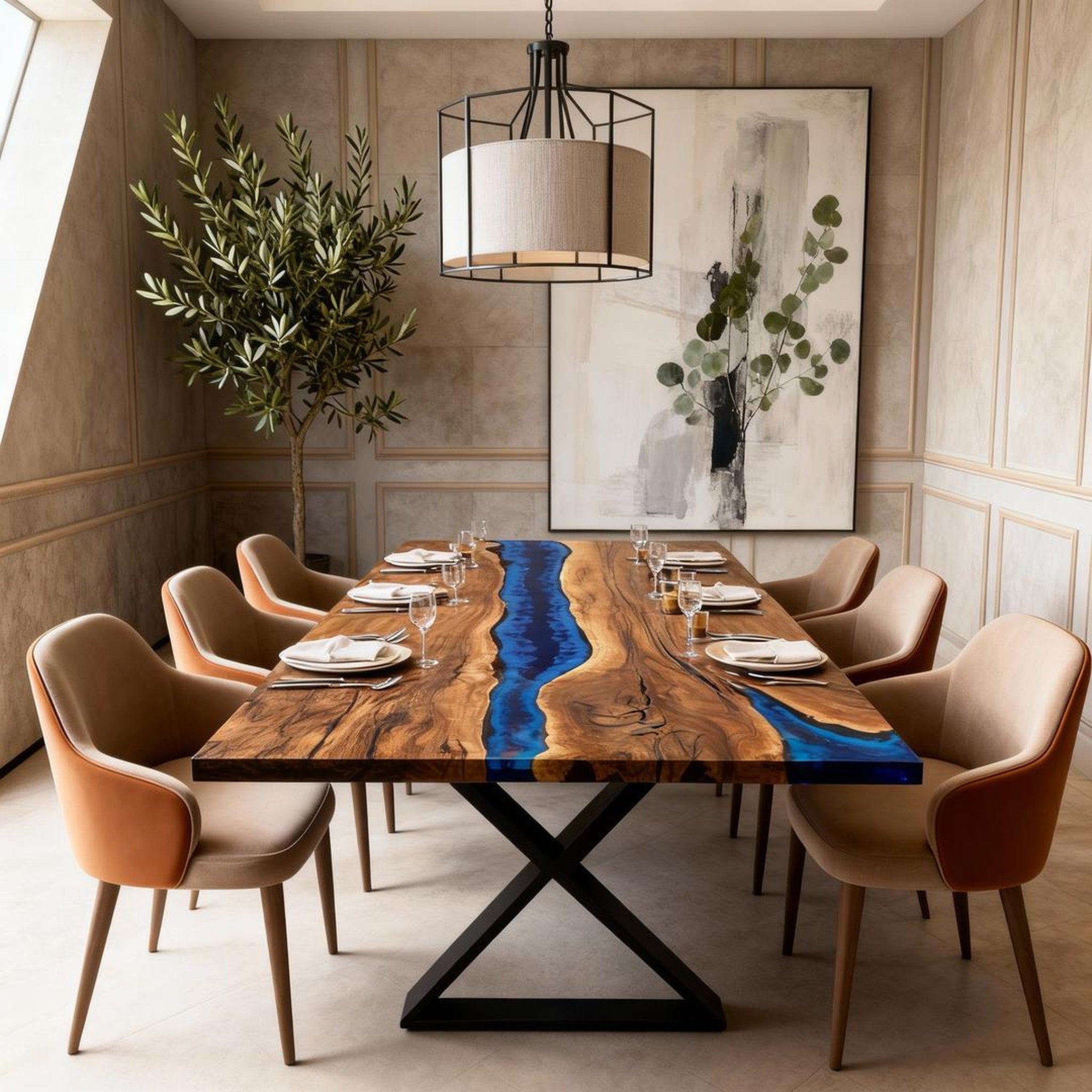 Table rivière personnalisée en résine époxy noyer, résine bleu cobalt KPX-946