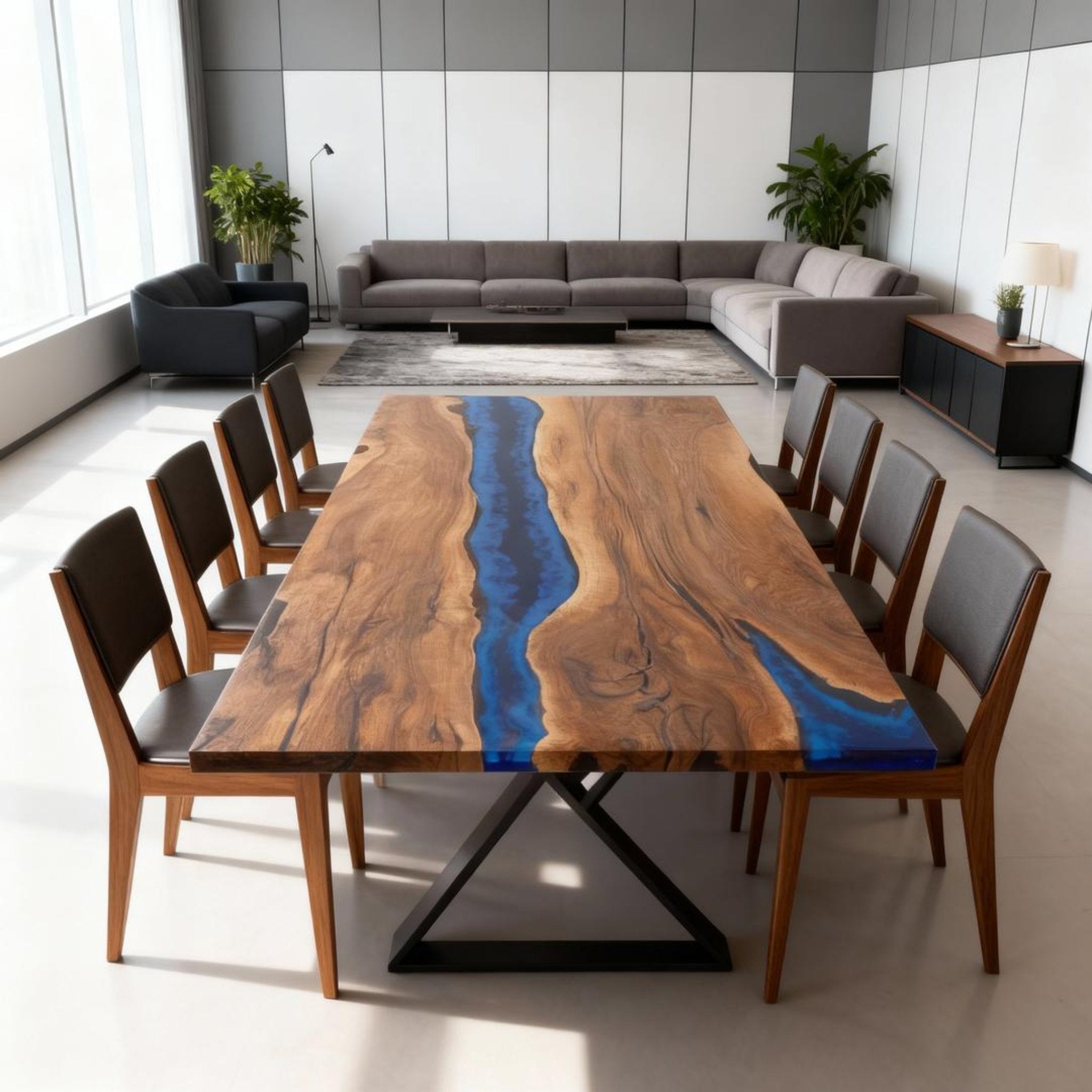 Table rivière personnalisée en résine époxy noyer, résine bleu cobalt KPX-946