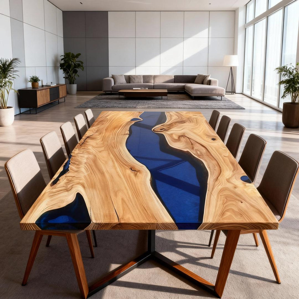 Table rivière sur mesure en résine époxy et noyer bleu cobalt ZKF-382
