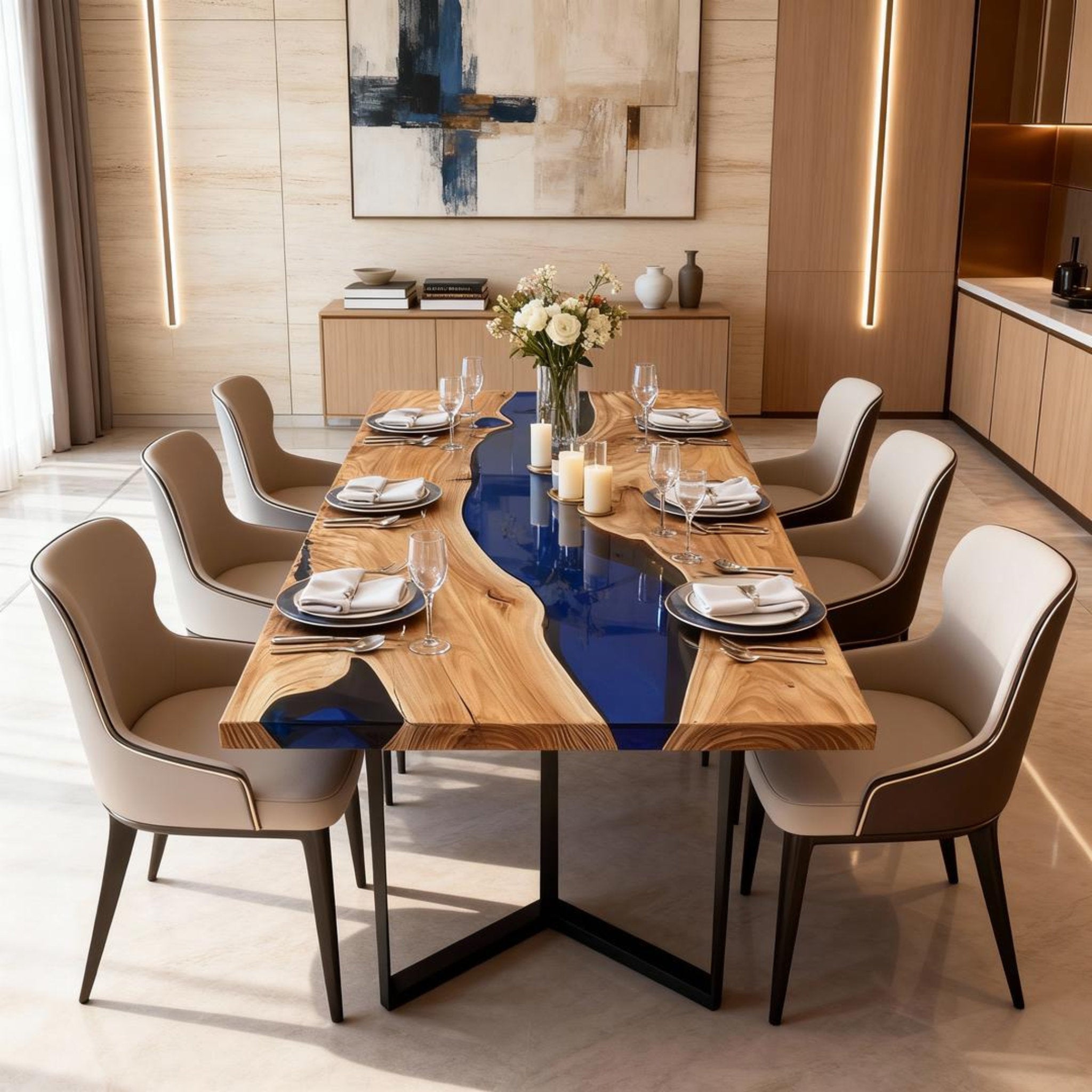 Table rivière sur mesure en résine époxy et noyer bleu cobalt ZKF-382