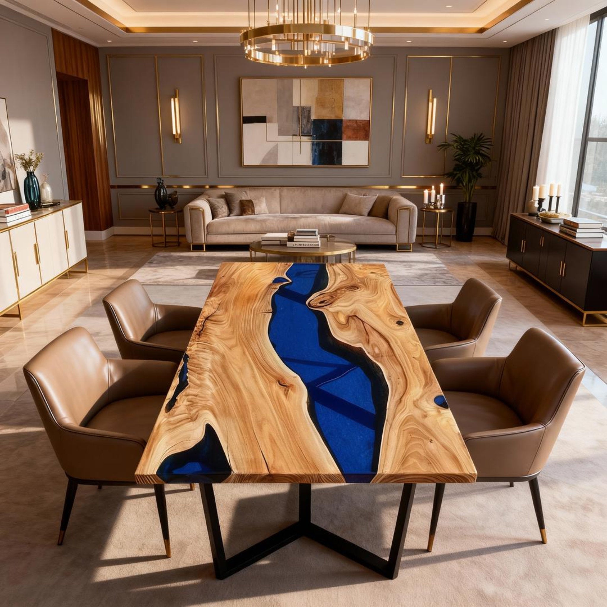 Table rivière sur mesure en résine époxy et noyer bleu cobalt ZKF-382