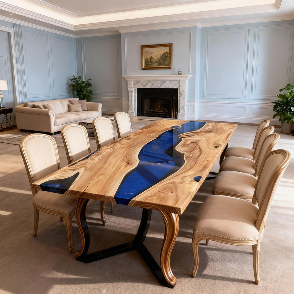 Table rivière sur mesure en résine époxy et noyer bleu cobalt ZKF-382