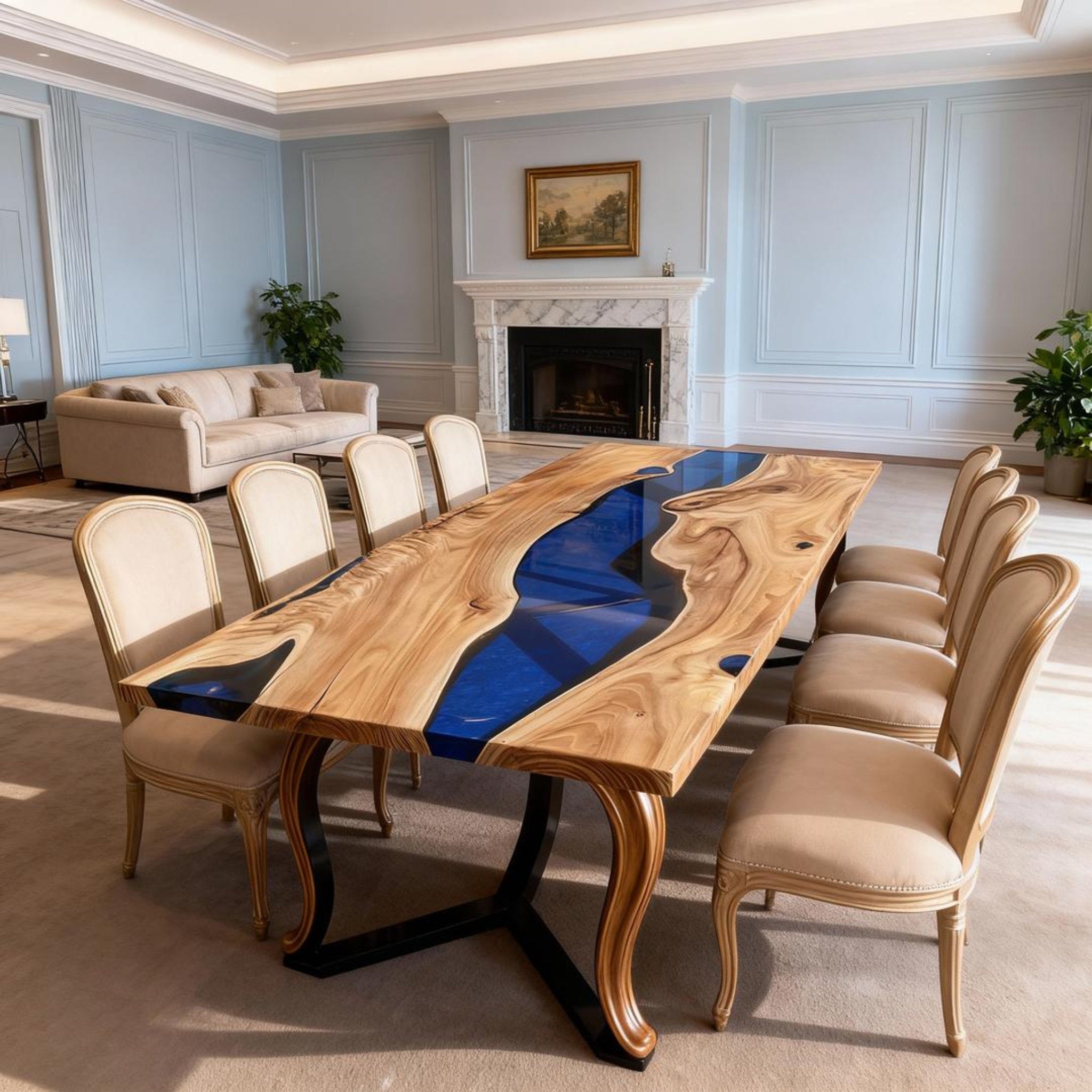 Table rivière sur mesure en résine époxy et noyer bleu cobalt ZKF-382