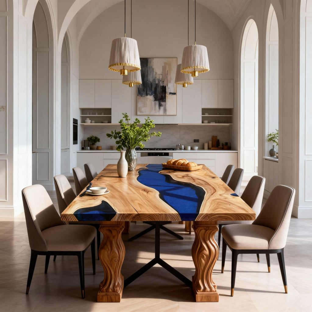 Table rivière sur mesure en résine époxy et noyer bleu cobalt ZKF-382