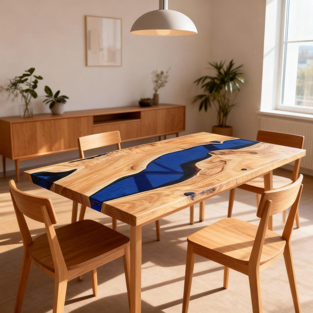 Table rivière sur mesure en résine époxy et noyer bleu cobalt ZKF-382