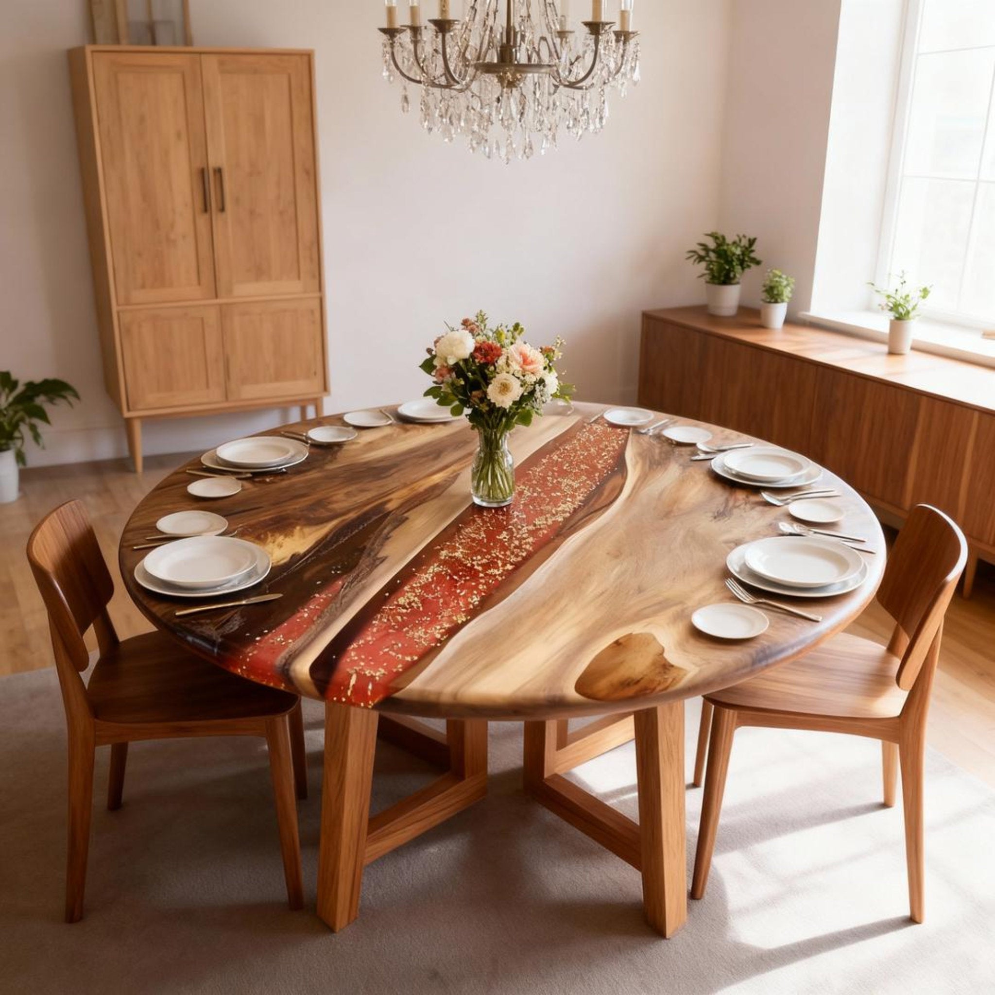 Table rivière personnalisée en résine époxy et noyer, couleur cuivre ambré VQJ-582