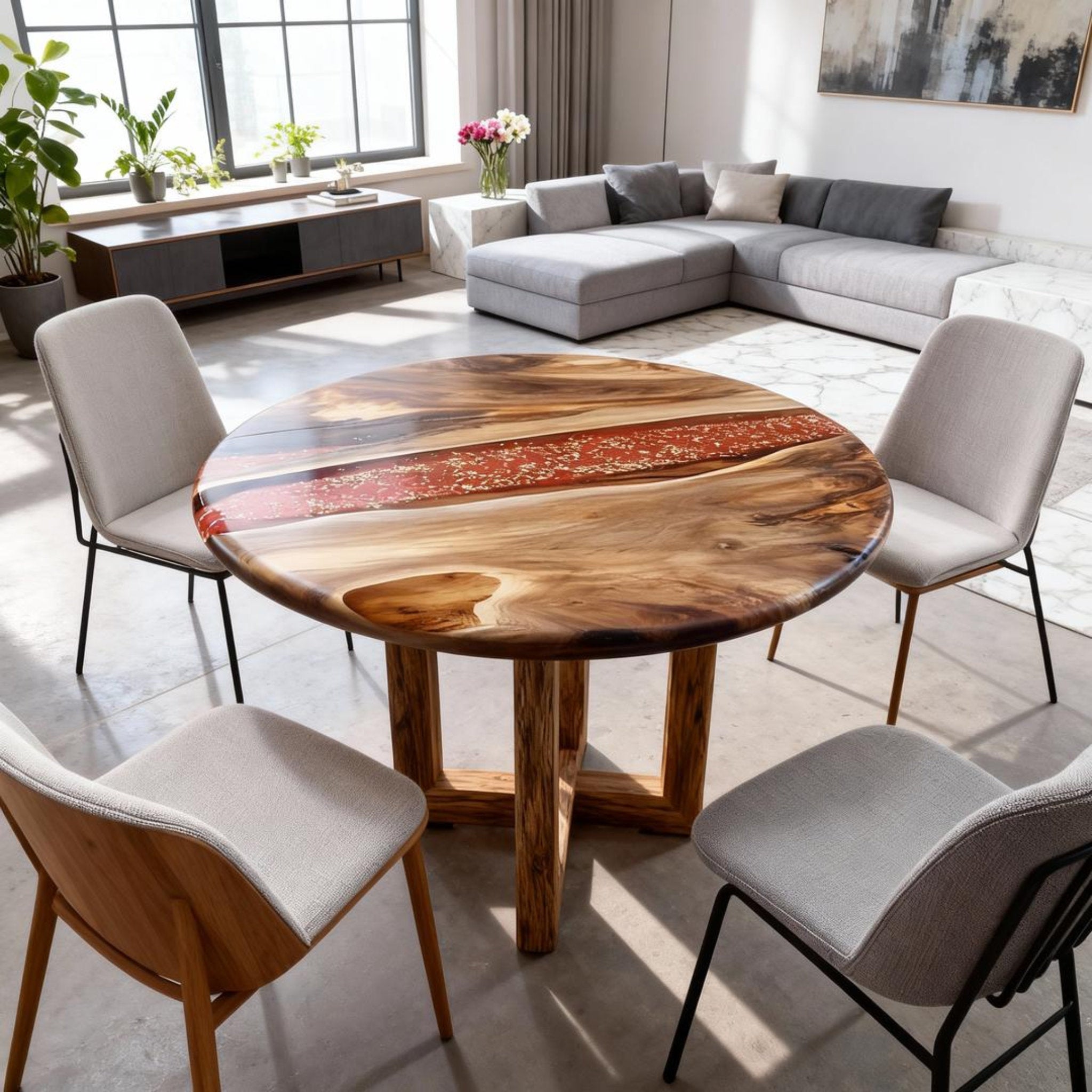 Table rivière personnalisée en résine époxy et noyer, couleur cuivre ambré VQJ-582