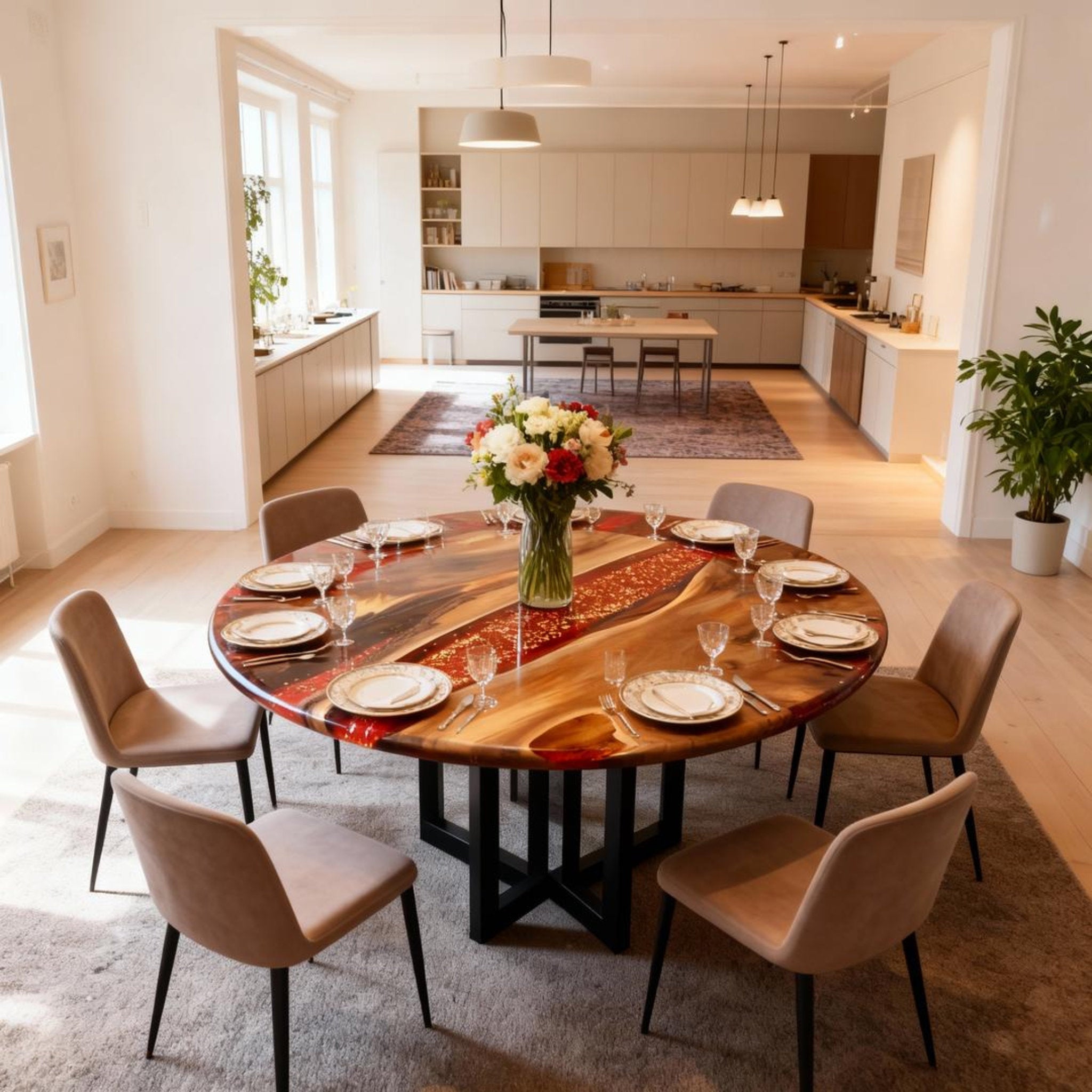 Table rivière personnalisée en résine époxy et noyer, couleur cuivre ambré VQJ-582