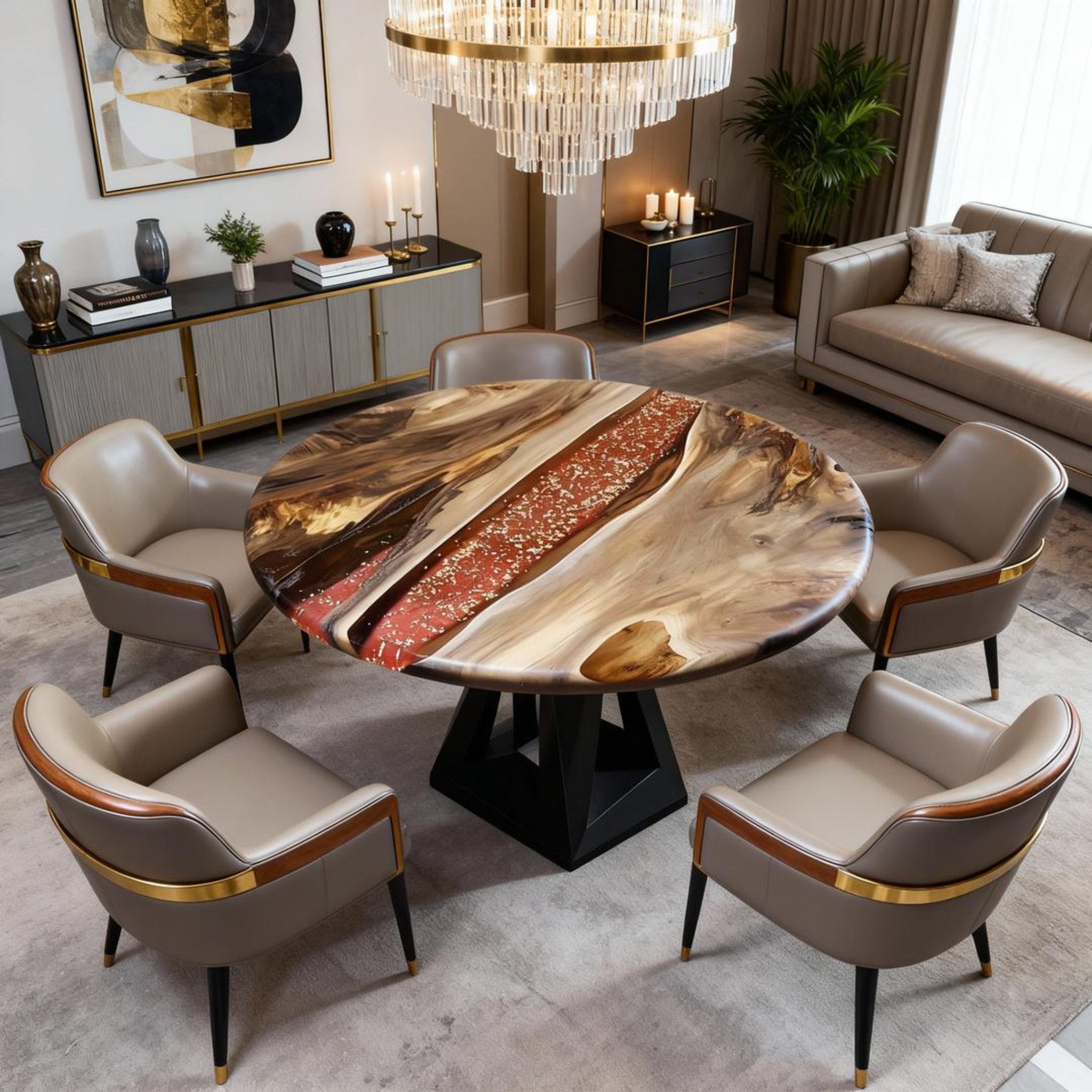 Table rivière personnalisée en résine époxy et noyer, couleur cuivre ambré VQJ-582