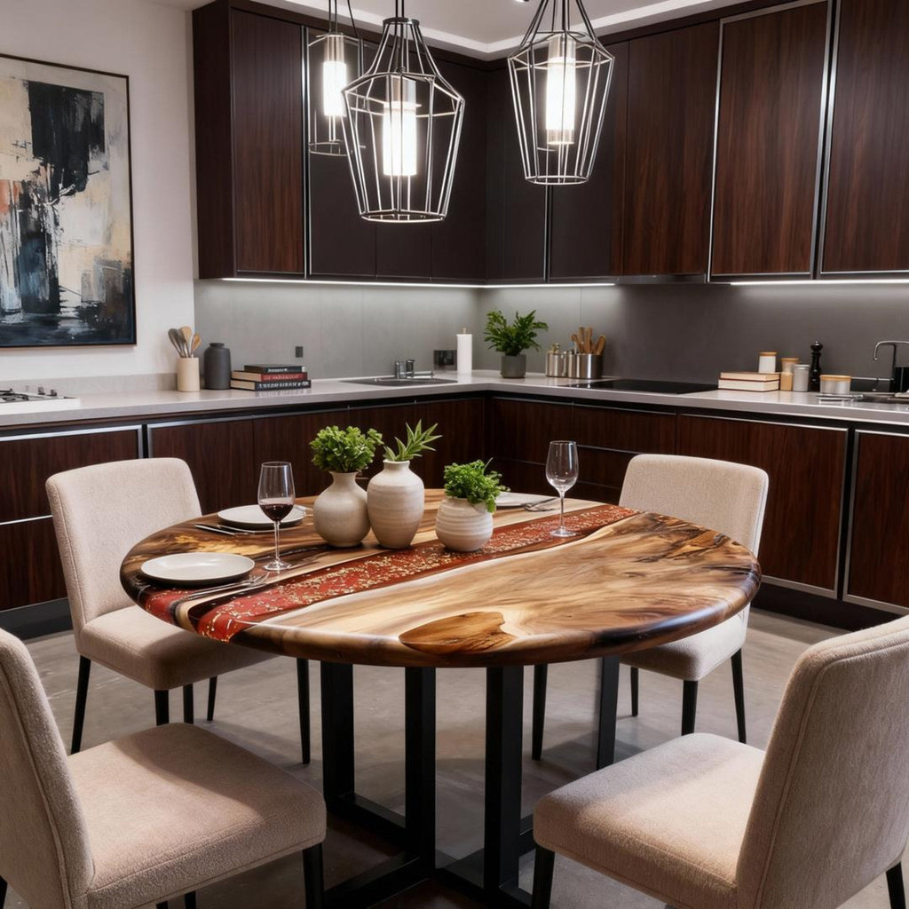 Table rivière personnalisée en résine époxy et noyer, couleur cuivre ambré VQJ-582