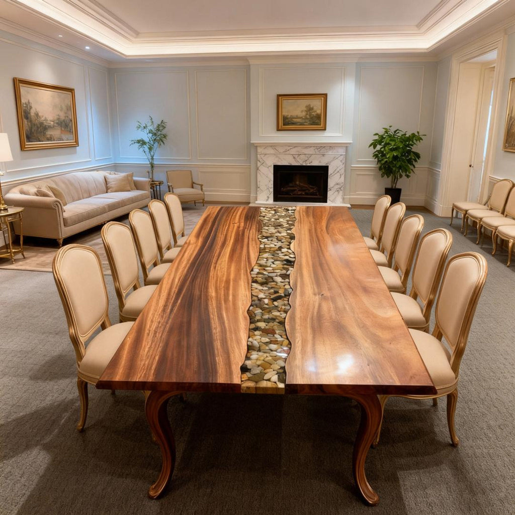 Table rivière en résine époxy noyer sur mesure, transparente comme du cristal, NZP-643