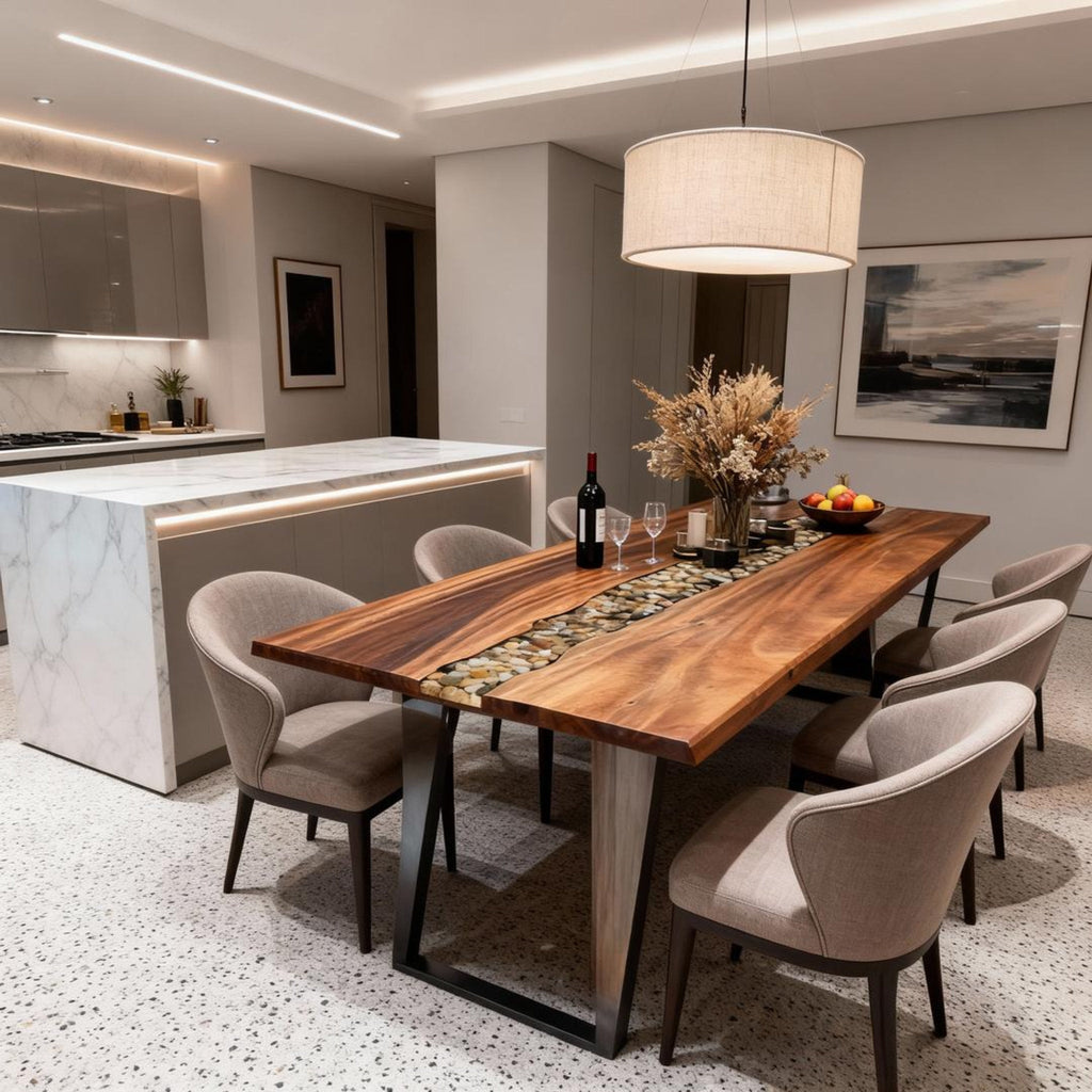 Table rivière en résine époxy noyer sur mesure, transparente comme du cristal, NZP-643