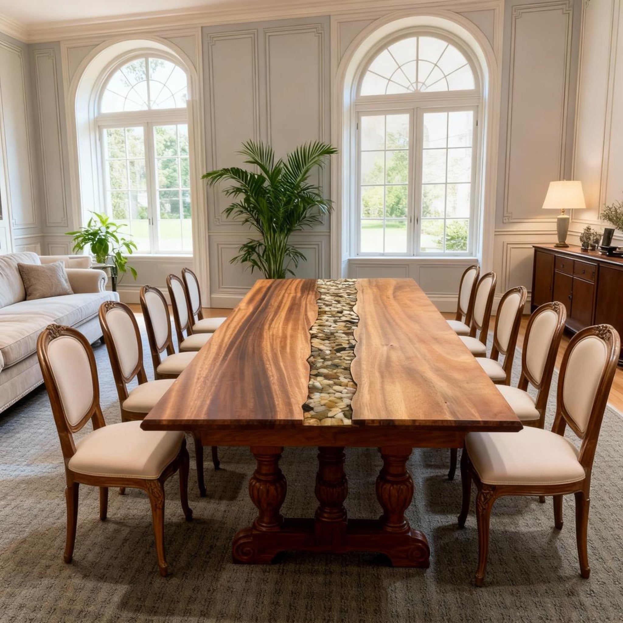 Table rivière en résine époxy noyer sur mesure, transparente comme du cristal, NZP-643