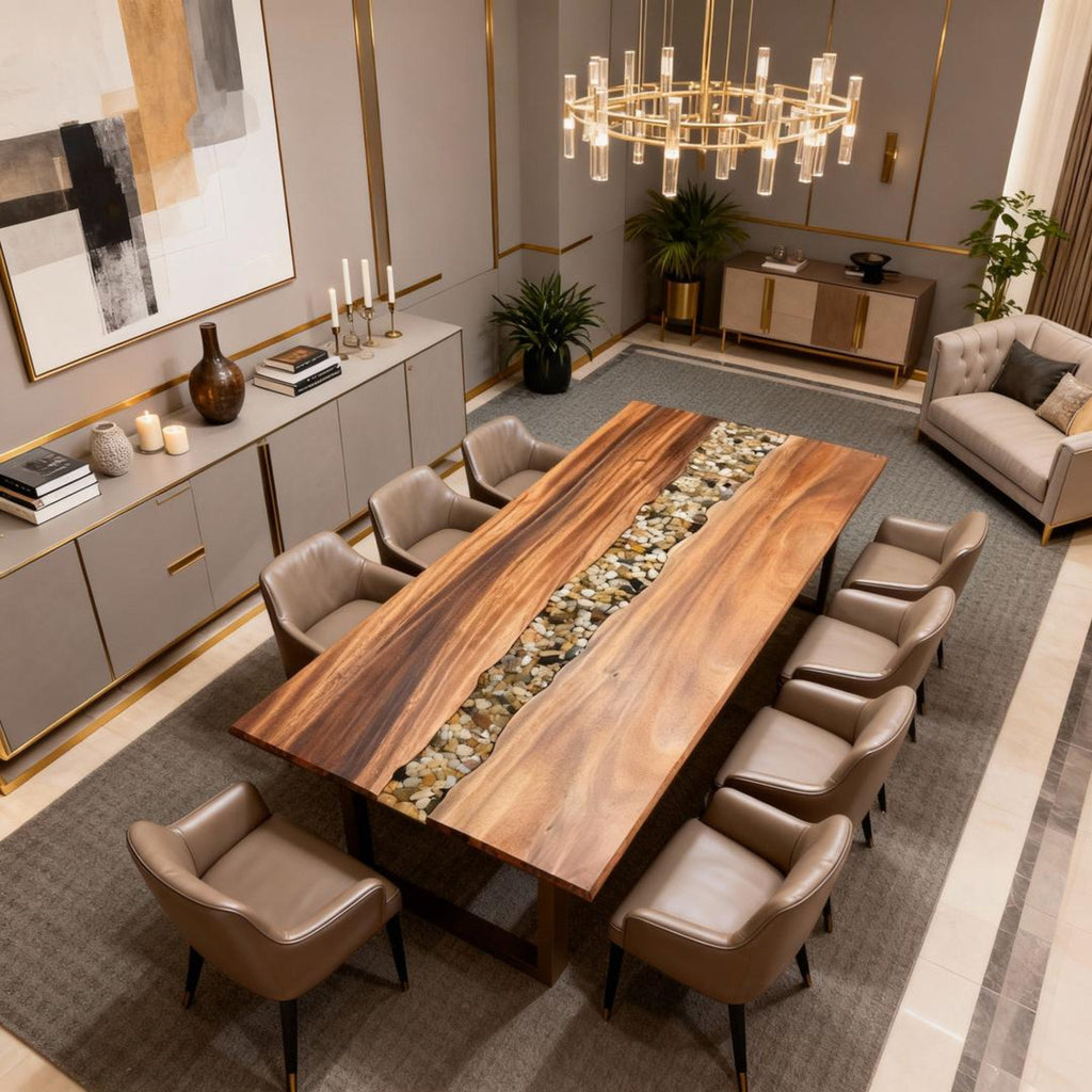 Table rivière en résine époxy noyer sur mesure, transparente comme du cristal, NZP-643