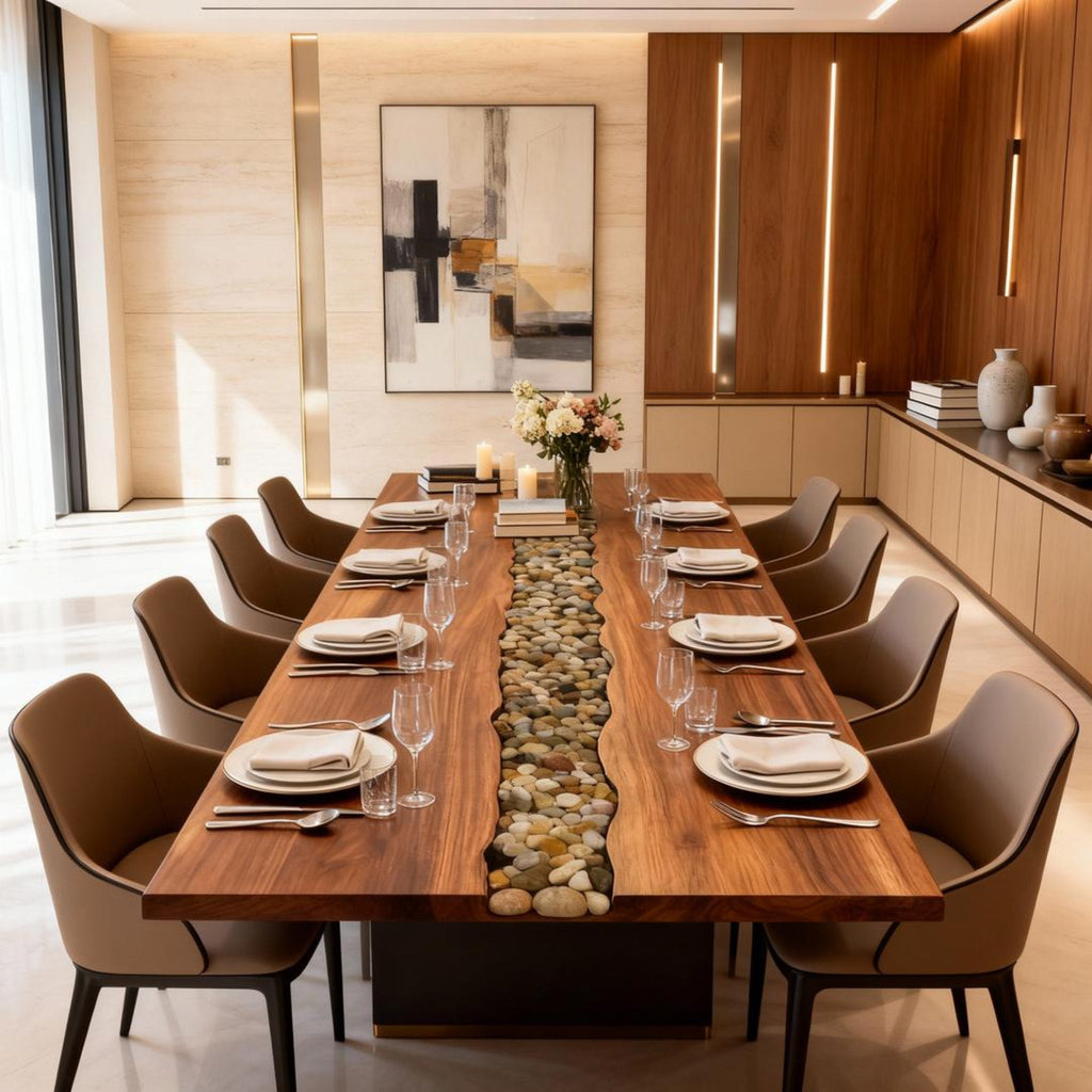 Table rivière en résine époxy noyer sur mesure, transparente comme du cristal, NZP-643