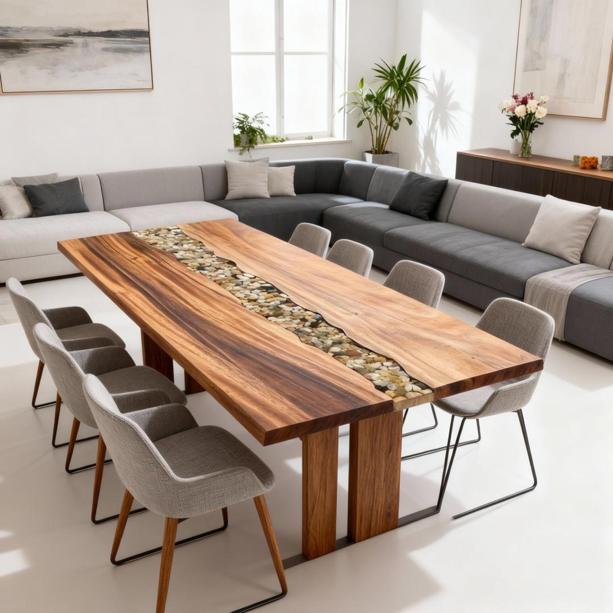 Table rivière en résine époxy noyer sur mesure, transparente comme du cristal, NZP-643