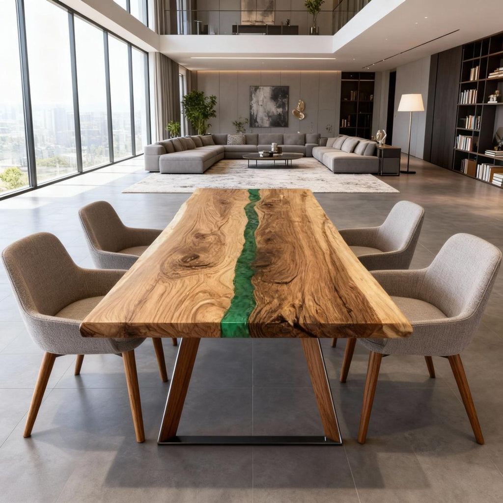 Table rivière personnalisée en résine époxy et noyer vert émeraude JXT-642