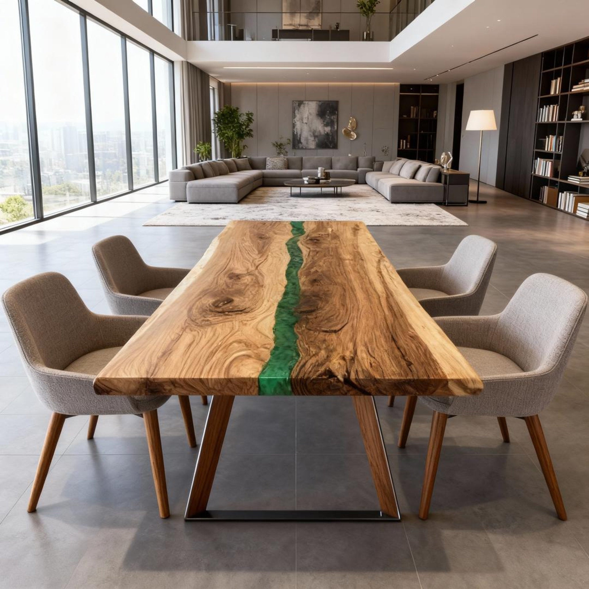 Table rivière personnalisée en résine époxy et noyer vert émeraude JXT-642