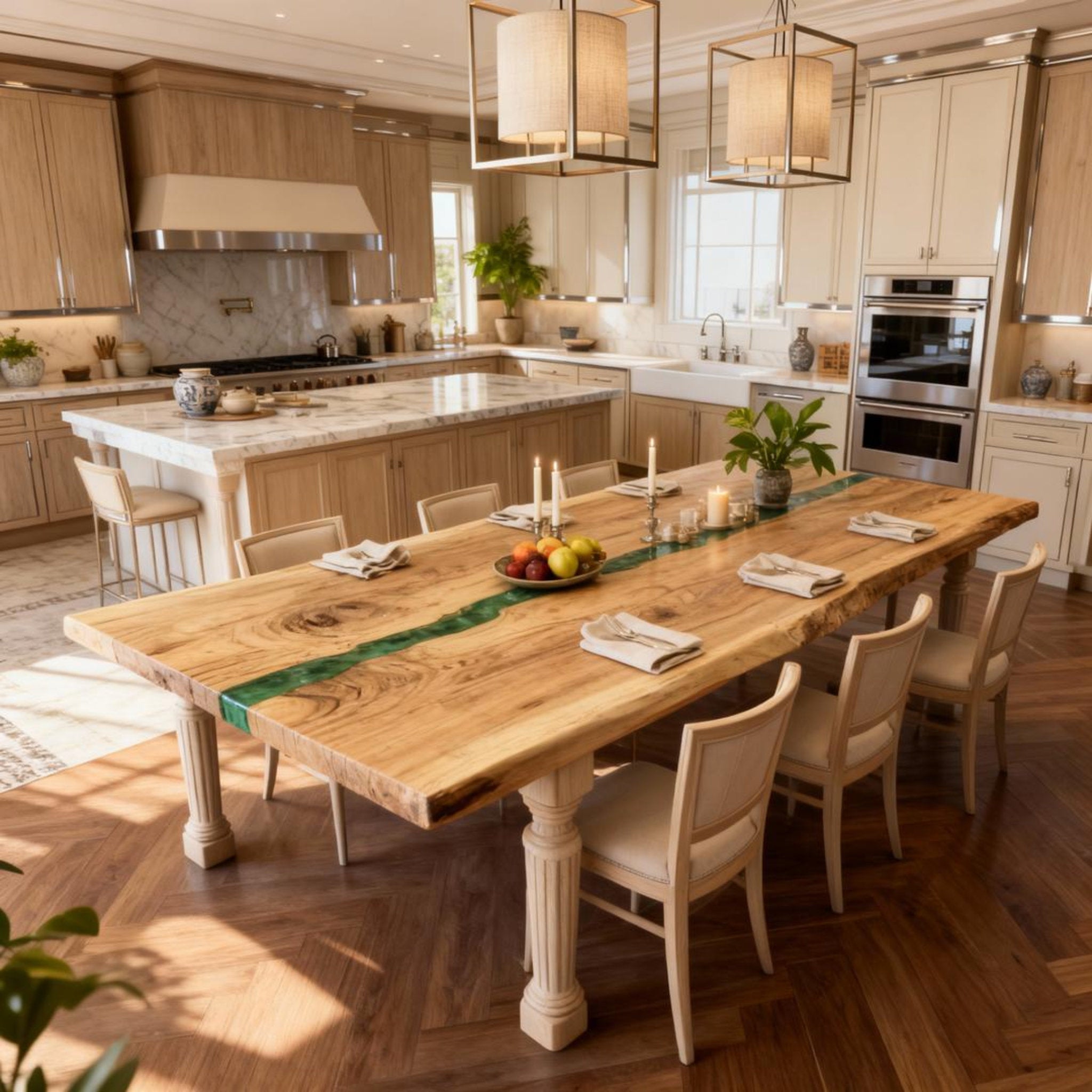 Table rivière personnalisée en résine époxy et noyer vert émeraude JXT-642