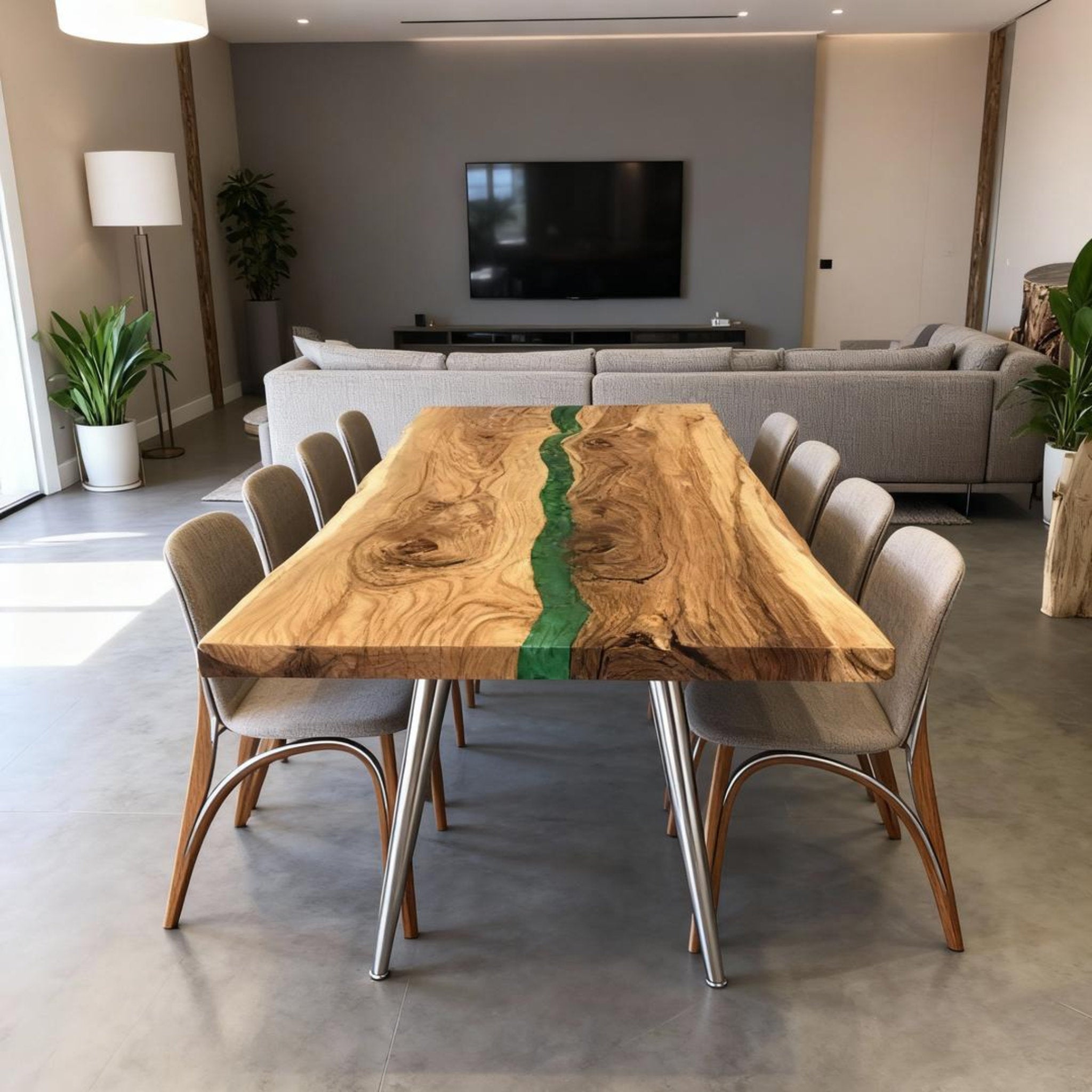 Table rivière personnalisée en résine époxy et noyer vert émeraude JXT-642