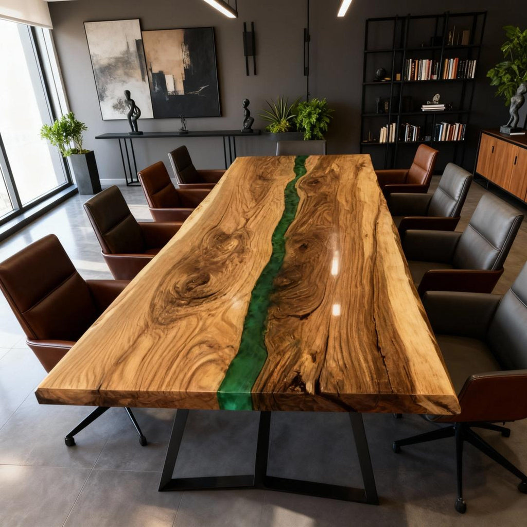 Table rivière personnalisée en résine époxy et noyer vert émeraude JXT-642