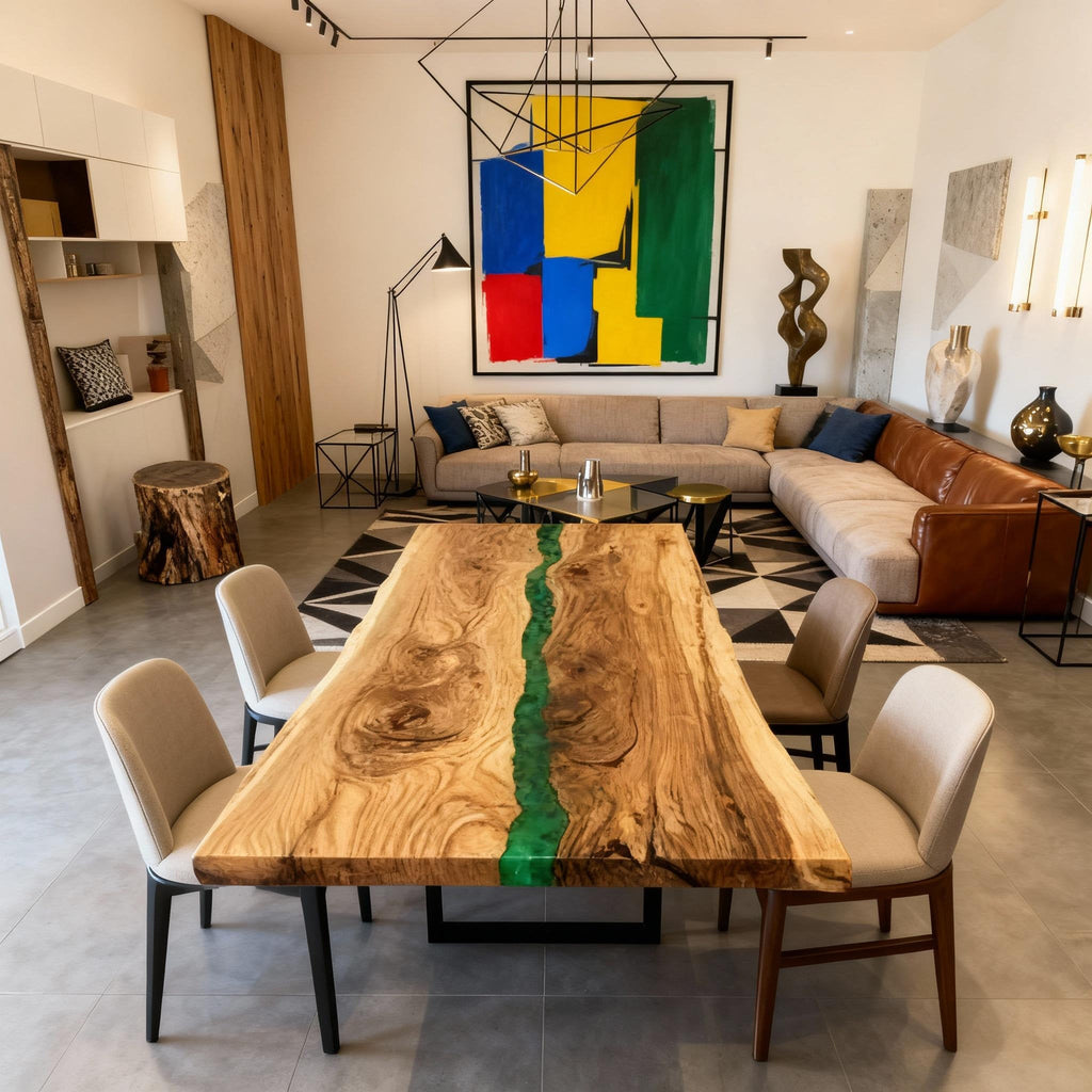 Table rivière personnalisée en résine époxy et noyer vert émeraude JXT-642